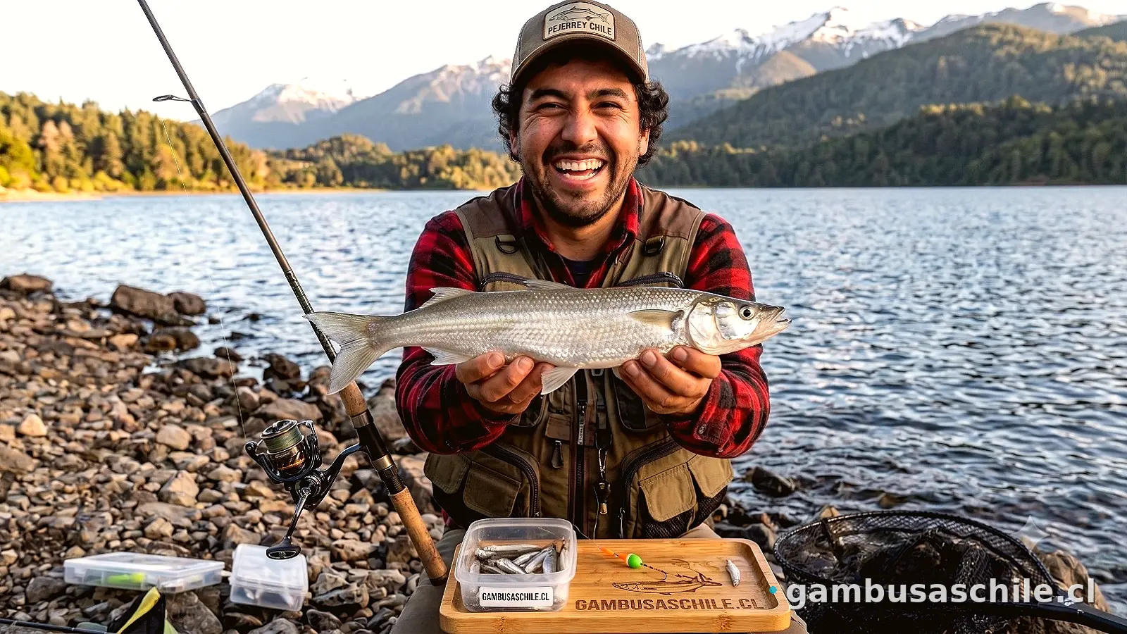 Pescador con su pejerrey y carnada Gambusas Chile a orillas de un lago